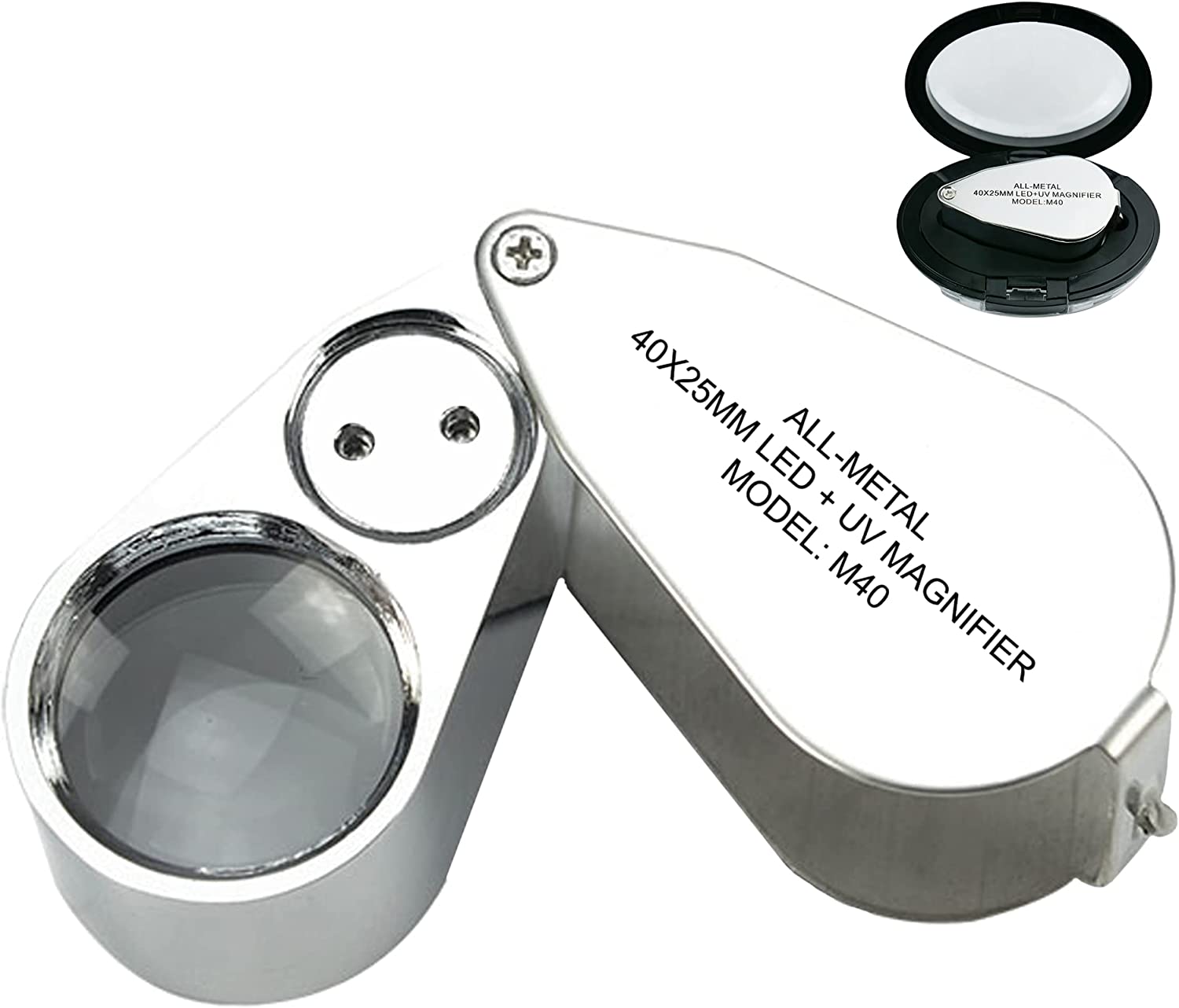 40X Jewelers Loupe with Light, UV Lighted Magnifying Glass Eye Loop, LED  Illuminated Metal Pocket Magnifier for Jewelry, Plants, Currency, Coins,  Diamonds, Stamps 
